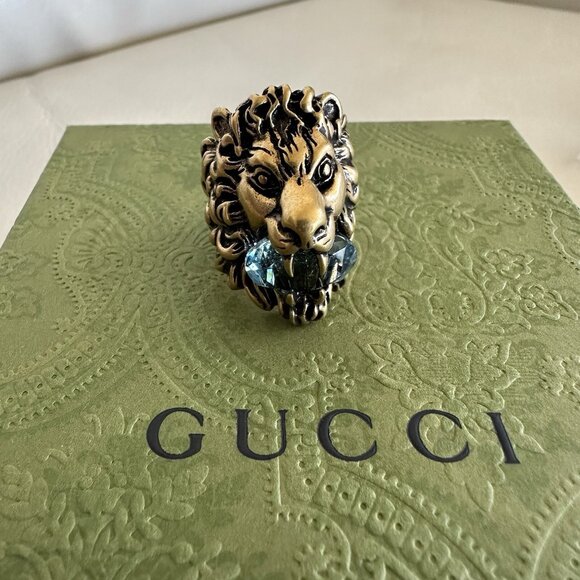 NEW Gucci Lion Head Gold Ring Blue Aquamarine Stone Size 23 IT 10.5 US - Picture 2 of 10